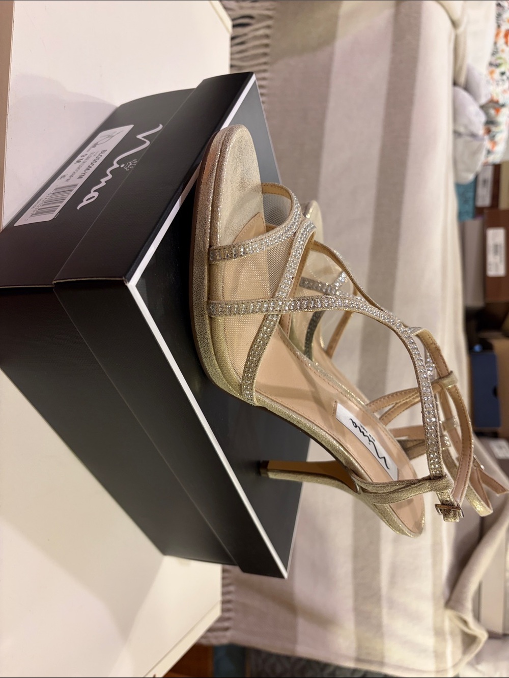Nina Gold Strappy High Heel Sandals with Crystal Accents